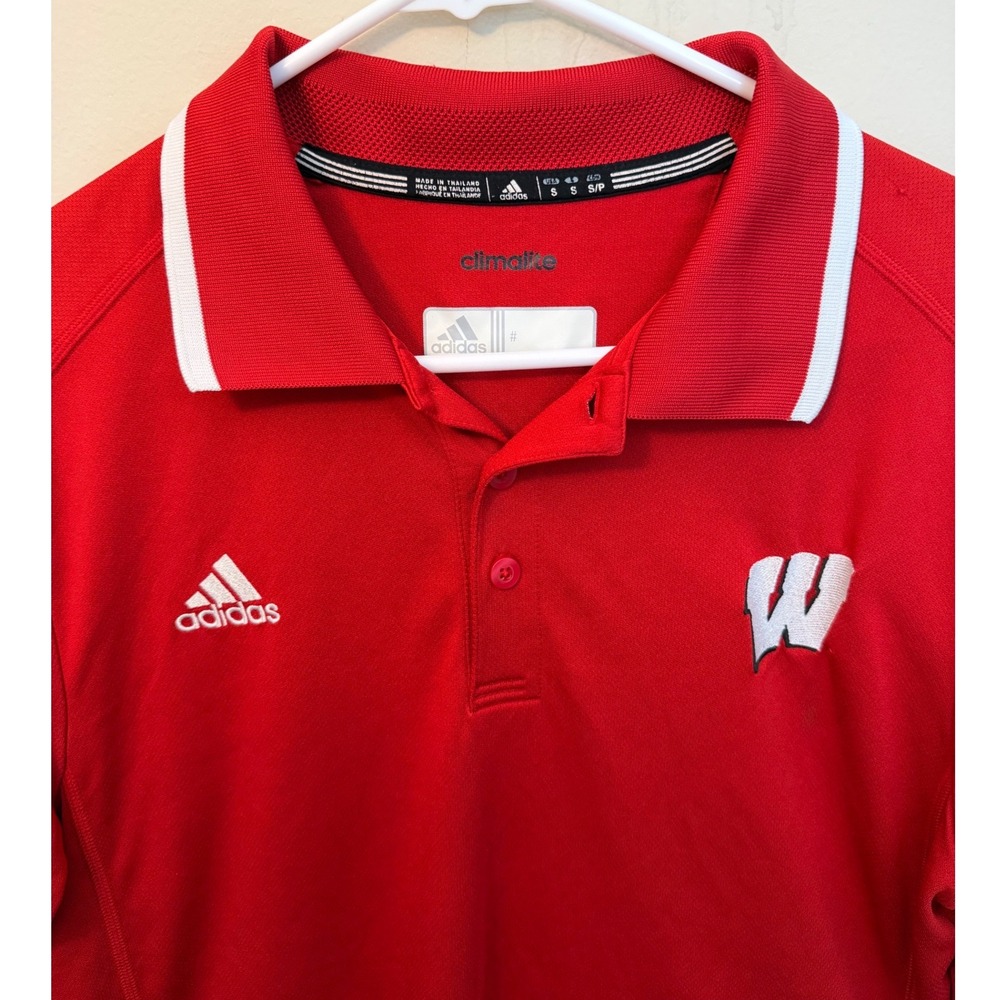 Adidas Mens Wisconsin Badgers Climalite Polo Shirt Red White Small NCAA Golf